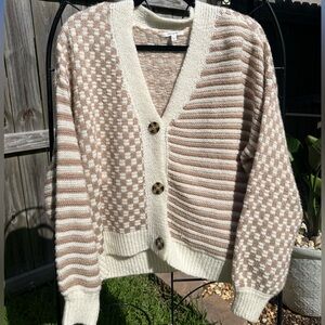 Cameron Checkered Print Button Down Cardigan (Taupe/Ivory)